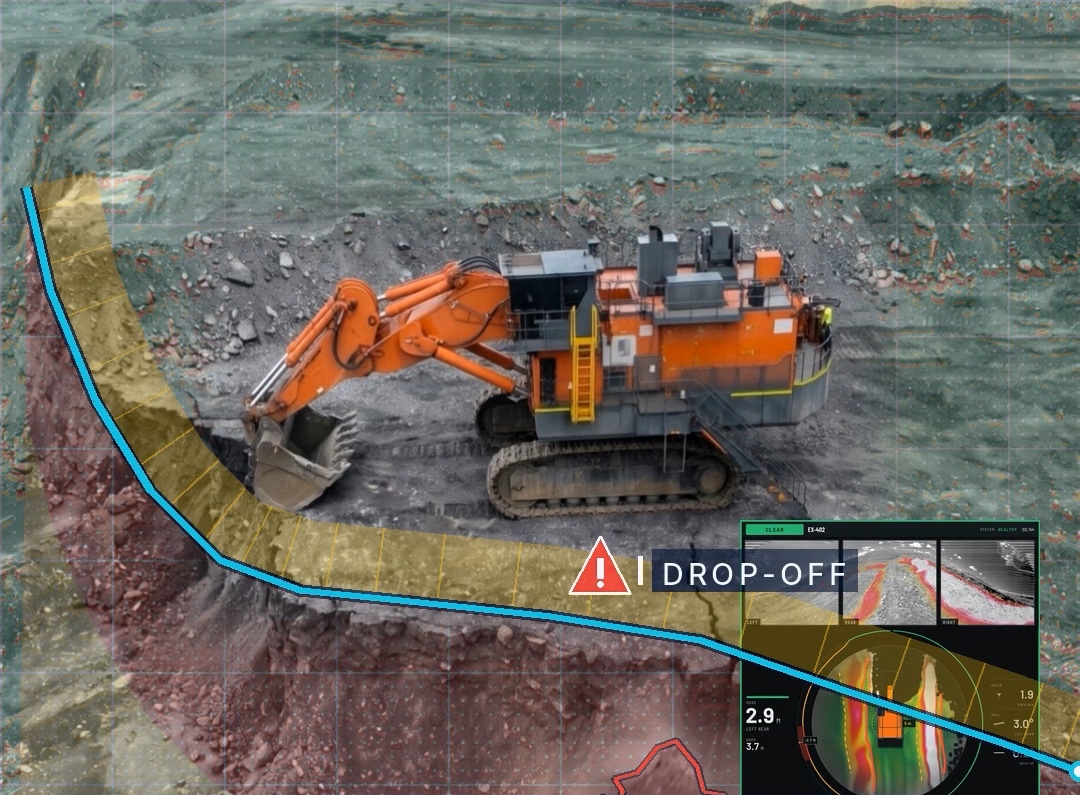 EVAS terrain overlay tracing the drop-off edge beside a working excavator, with the hazardous ground classified and the edge flagged